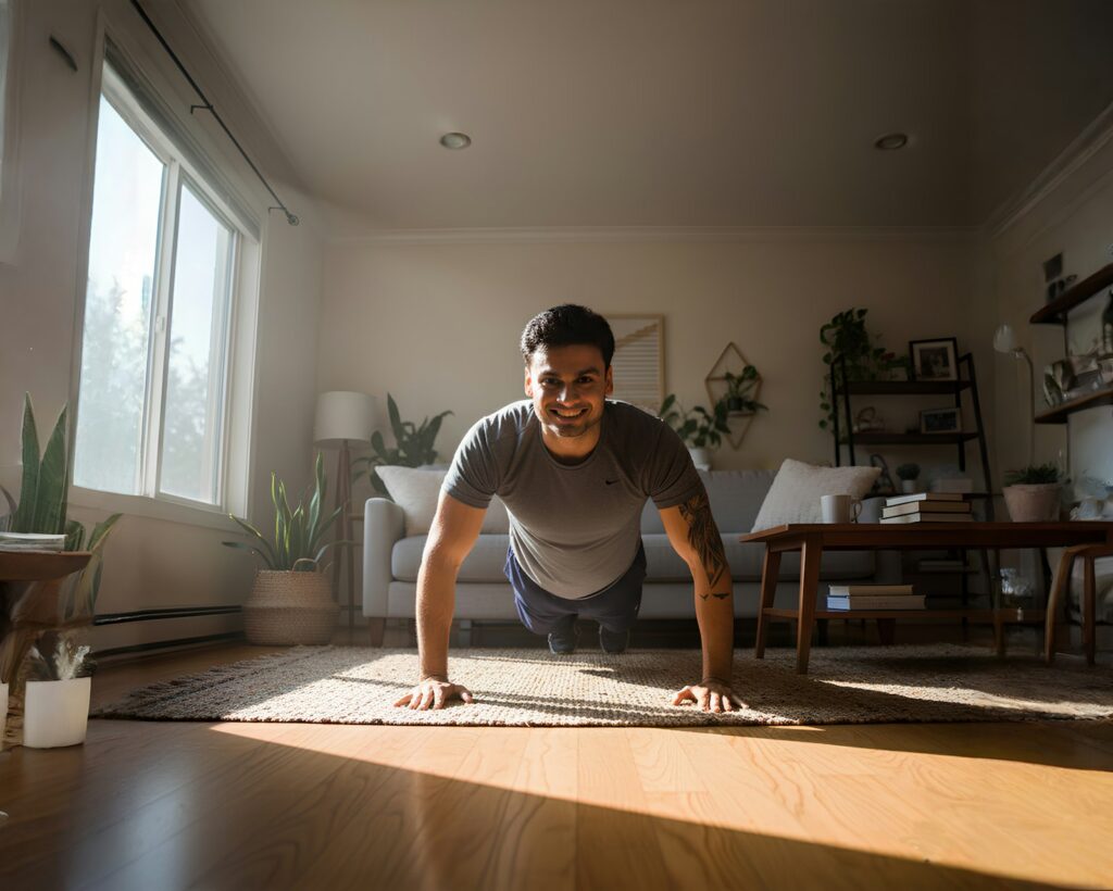 Man doing push-ups at home in his living room