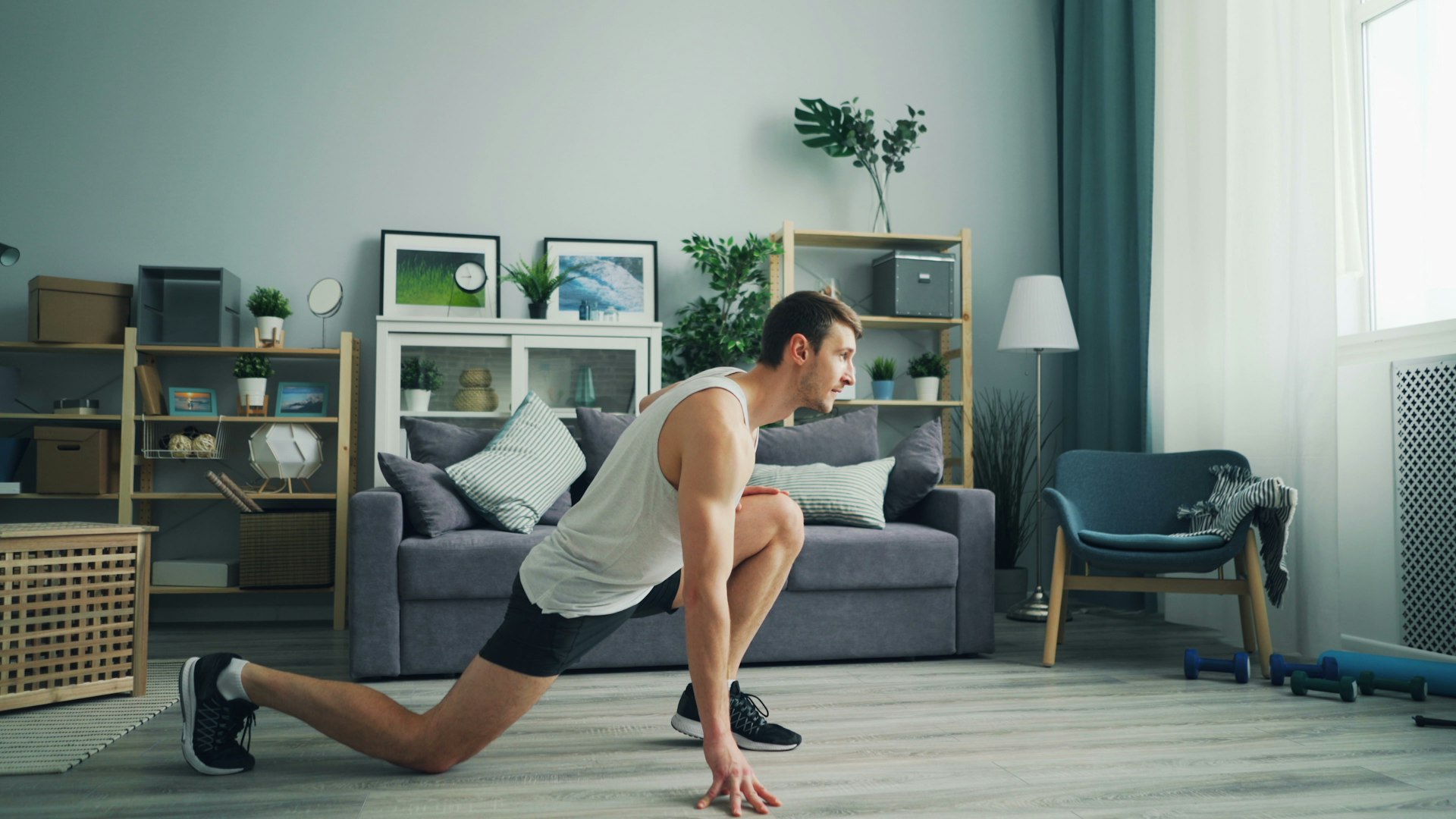 Man doing push-ups in a living room